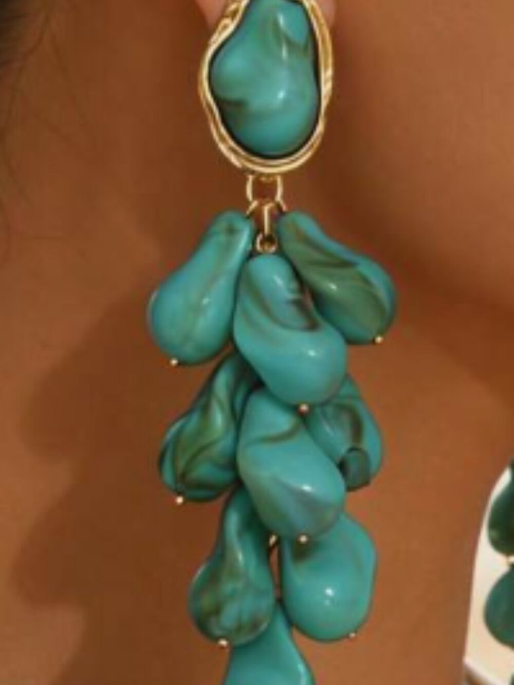 Bohemian Style Colorful Asymmetrical Resin Stone Tassel Earrings turquoise